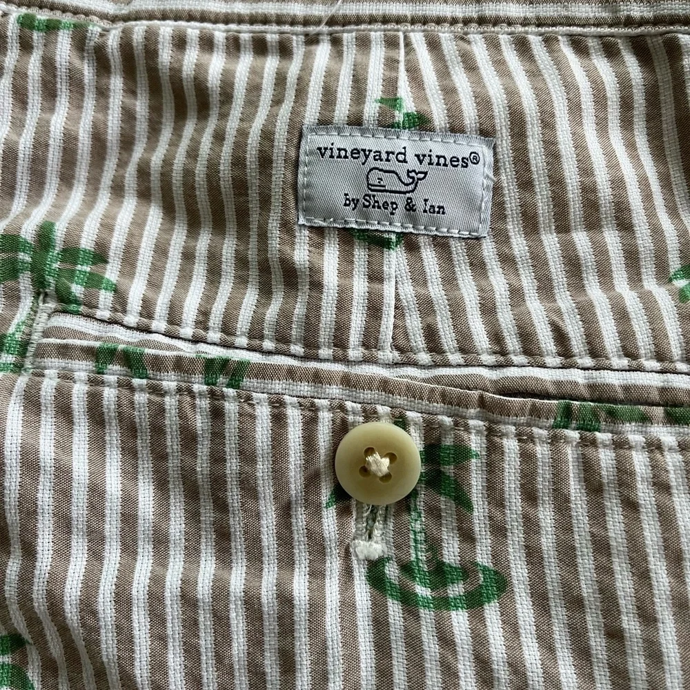 Vineyard Vines Linen Blend Club Shorts Brown White Striped Palm Trees Size 34 - Picture 10 of 10